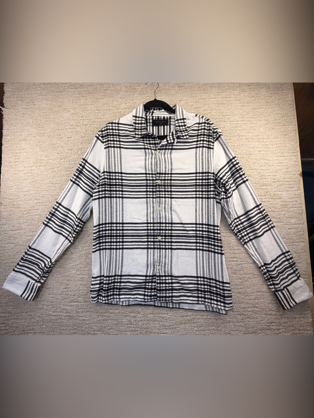 ALLSAINTS Mens White/Black Plaid Soft Flannel Cotton Long Sleeve Button-Up Shirt